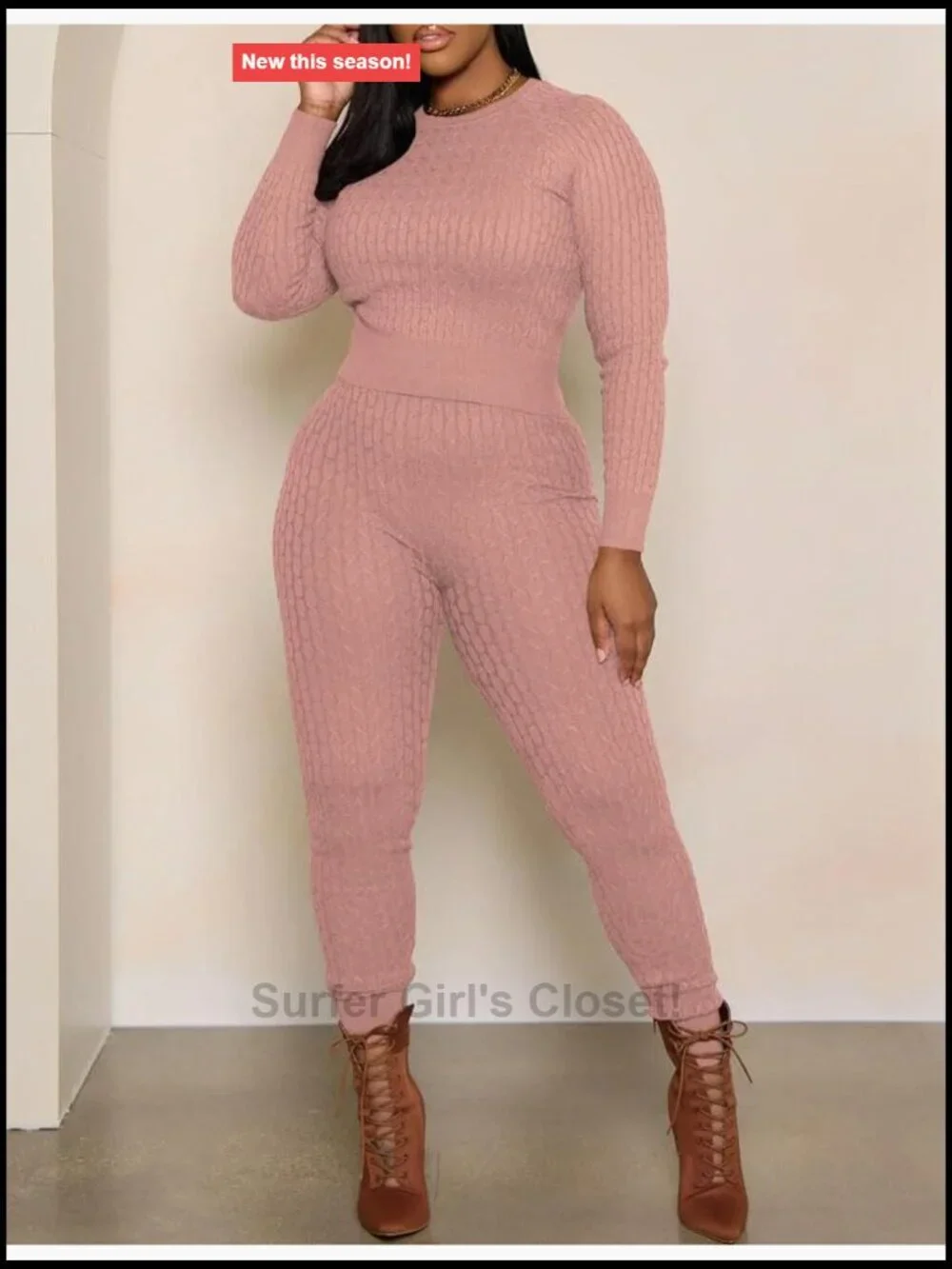 Knit Two Piece Sweater Set Long Sleeve Pullover Pant Set Fall Winter